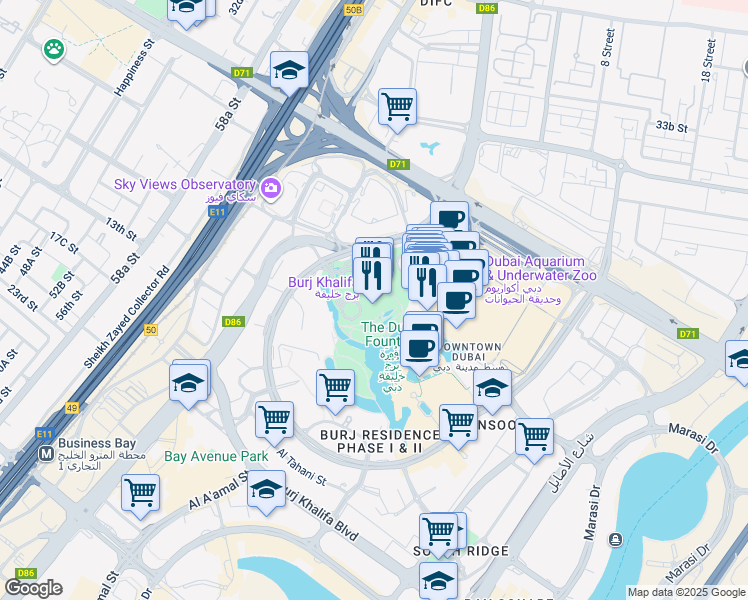 map of restaurants, bars, coffee shops, grocery stores, and more near 1 Sheikh Mohammed bin Rashid Boulevard in Dubai