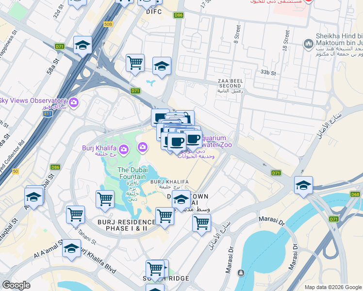 map of restaurants, bars, coffee shops, grocery stores, and more near Financial Center Road in Dubai