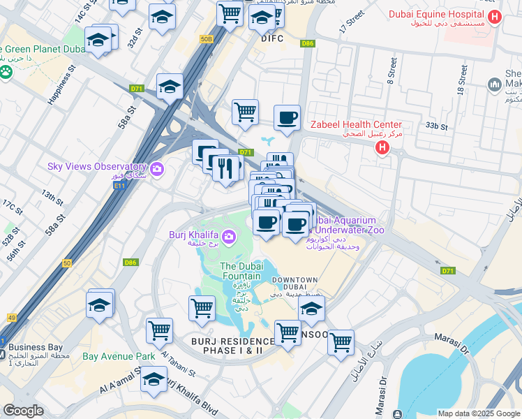 map of restaurants, bars, coffee shops, grocery stores, and more near Financial Center Road in Dubai