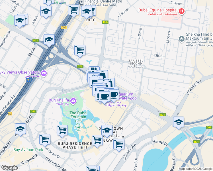 map of restaurants, bars, coffee shops, grocery stores, and more near 6 Grand Parking L1 exit in Dubai