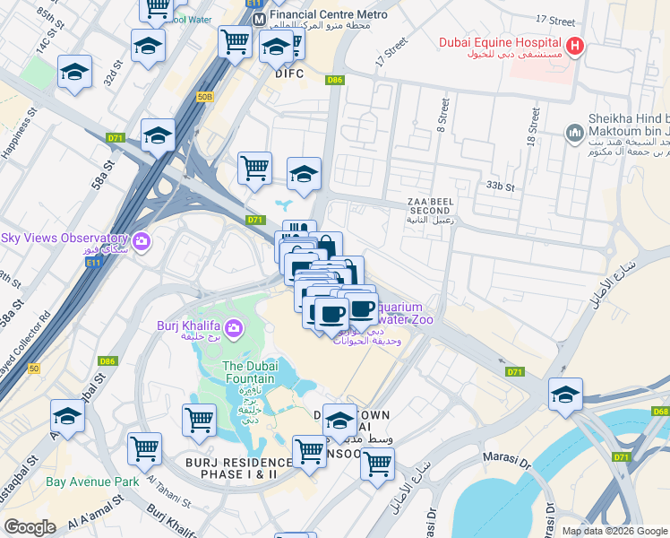 map of restaurants, bars, coffee shops, grocery stores, and more near 6 Grand Parking L1 exit in Dubai