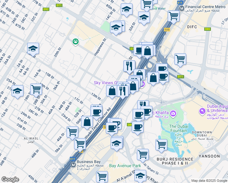 map of restaurants, bars, coffee shops, grocery stores, and more near Sheikh Zayed Road in Dubai