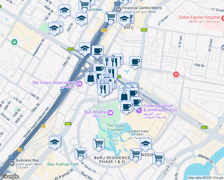 map of restaurants, bars, coffee shops, grocery stores, and more near Sheikh Mohammed bin Rashid Boulevard in Dubai