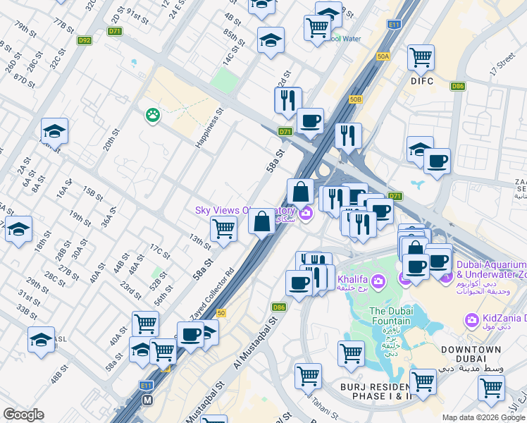 map of restaurants, bars, coffee shops, grocery stores, and more near 148 Sheikh Zayed Road in Dubai