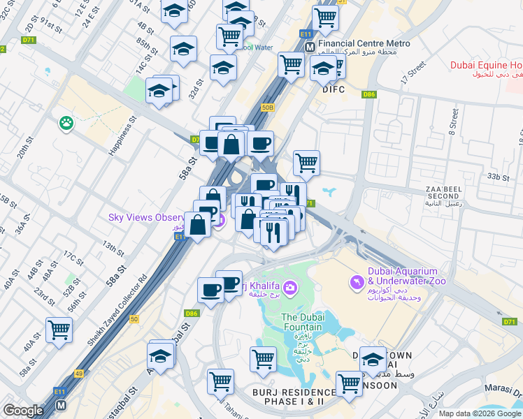map of restaurants, bars, coffee shops, grocery stores, and more near Level 5 Emaar Square in Dubai