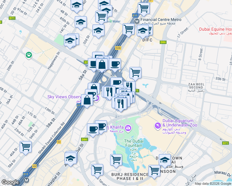 map of restaurants, bars, coffee shops, grocery stores, and more near Level 5 Emaar Square in Dubai