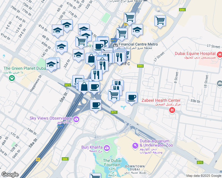 map of restaurants, bars, coffee shops, grocery stores, and more near Omlaat Street in Dubai