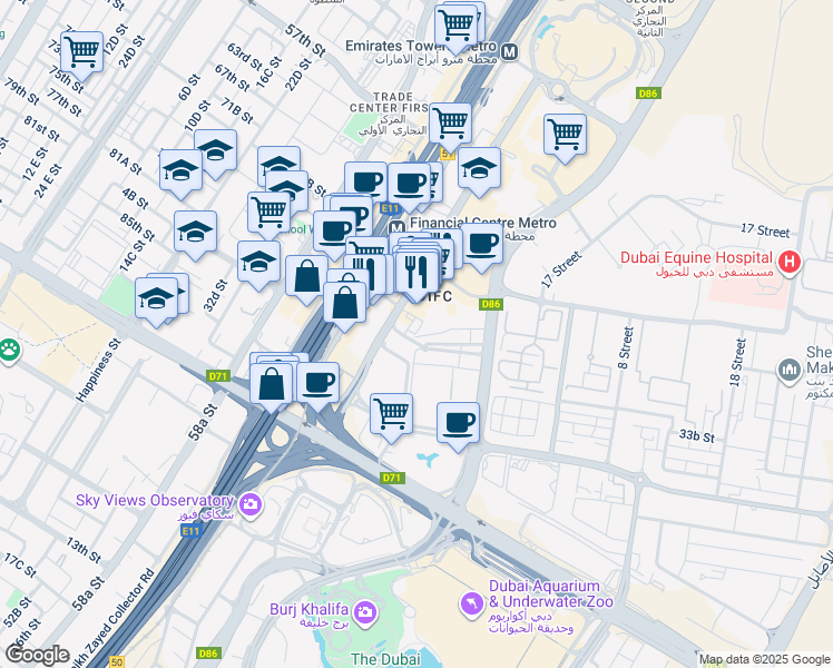 map of restaurants, bars, coffee shops, grocery stores, and more near 1 Al Mustaqbal Street in Dubai