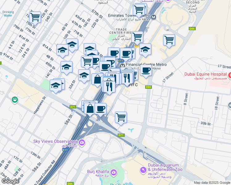 map of restaurants, bars, coffee shops, grocery stores, and more near 127 Sheikh Zayed Road in Dubai