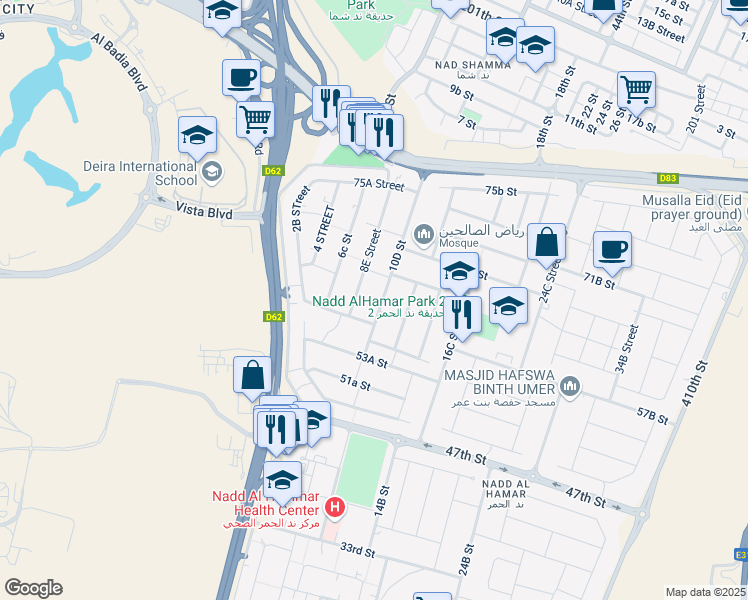 map of restaurants, bars, coffee shops, grocery stores, and more near 61 10 D Street in Dubai