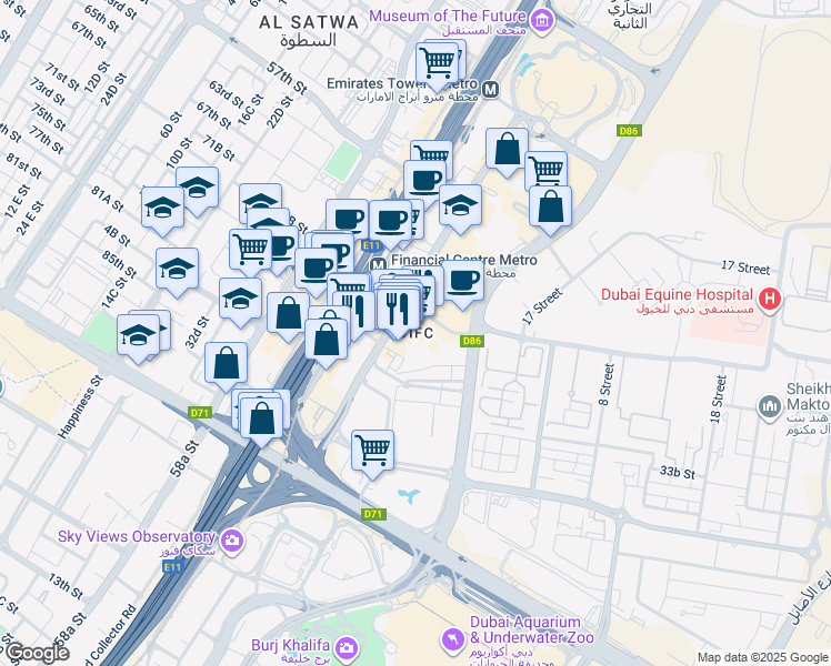 map of restaurants, bars, coffee shops, grocery stores, and more near Trade Center St in Dubai