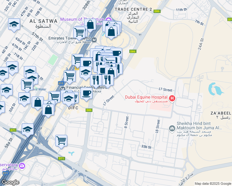 map of restaurants, bars, coffee shops, grocery stores, and more near Al Mustaqbal Street in Dubai