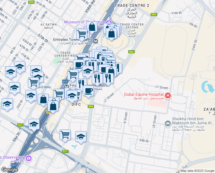 map of restaurants, bars, coffee shops, grocery stores, and more near 312 Al Mustaqbal Street in Dubai