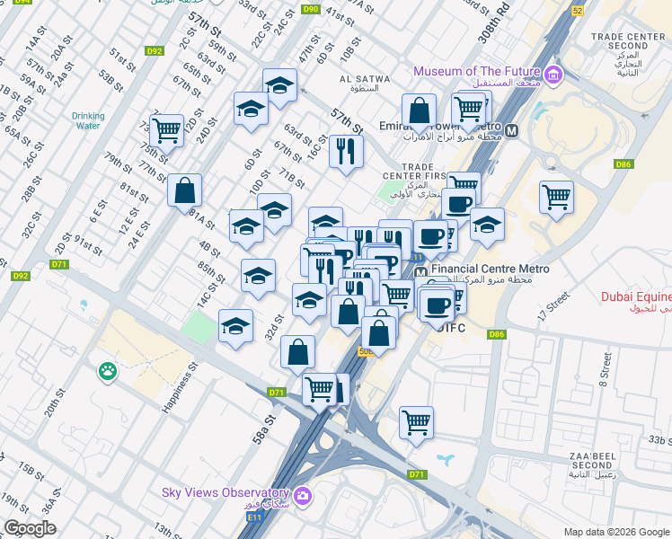 map of restaurants, bars, coffee shops, grocery stores, and more near 15 34 B Street in Dubai