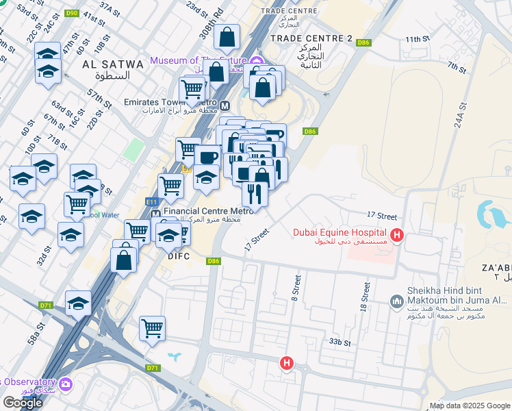 map of restaurants, bars, coffee shops, grocery stores, and more near 312 Al Sa'ada Street in Dubai