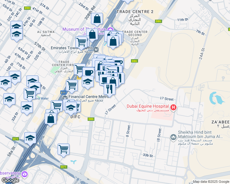 map of restaurants, bars, coffee shops, grocery stores, and more near 1 Al Mustaqbal Street in Dubai