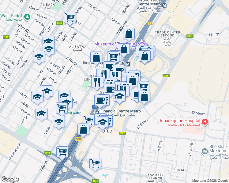 map of restaurants, bars, coffee shops, grocery stores, and more near 91 Sheikh Zayed Road in Dubai