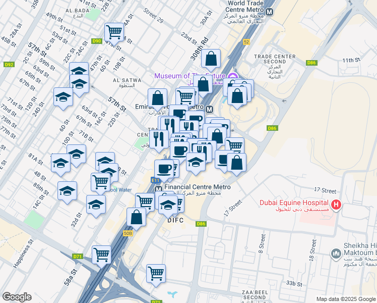 map of restaurants, bars, coffee shops, grocery stores, and more near 91 Sheikh Zayed Road in Dubai