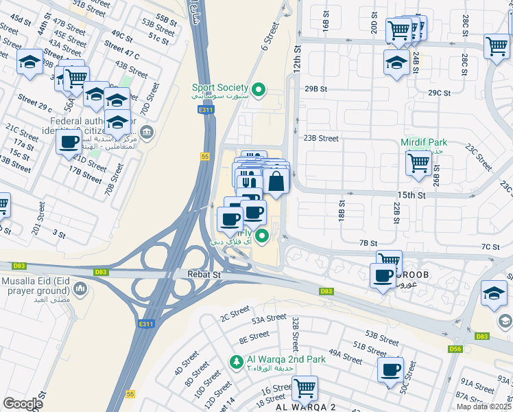 map of restaurants, bars, coffee shops, grocery stores, and more near Sheikh Mohammed Bin Zayed Road in Dubai