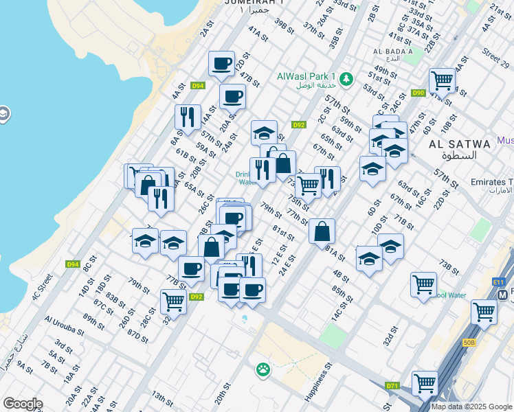map of restaurants, bars, coffee shops, grocery stores, and more near 2 Al Wasl Road in Dubai