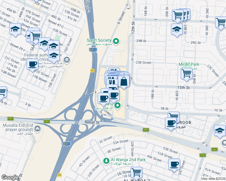 map of restaurants, bars, coffee shops, grocery stores, and more near Sheikh Mohammed Bin Zayed Road in Dubai
