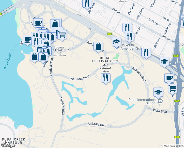 map of restaurants, bars, coffee shops, grocery stores, and more near Al Badia Boulevard in Dubai
