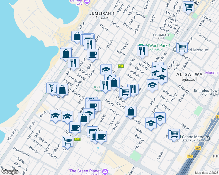 map of restaurants, bars, coffee shops, grocery stores, and more near 2 Al Wasl Road in Dubai