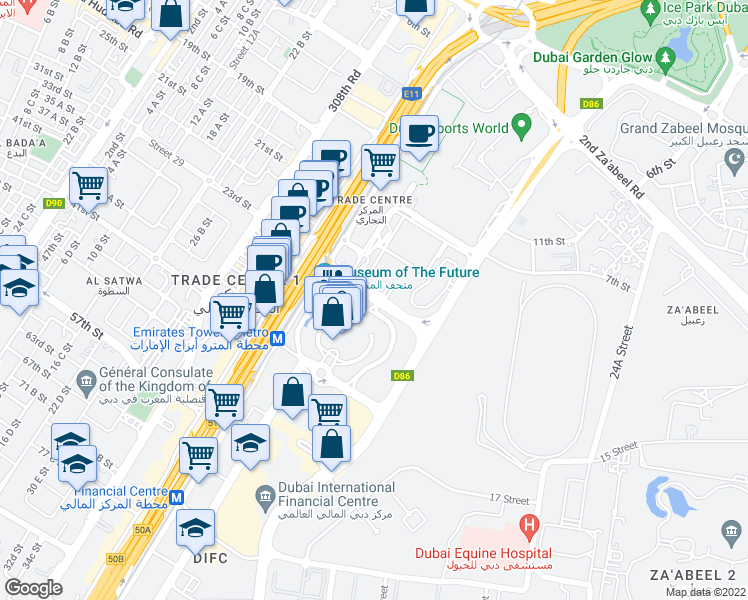 map of restaurants, bars, coffee shops, grocery stores, and more near Trade Center St in Dubai