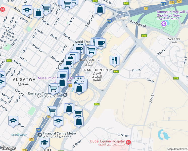 map of restaurants, bars, coffee shops, grocery stores, and more near in دبي