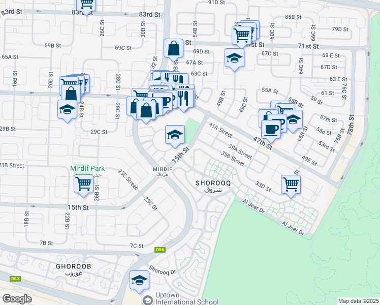 map of restaurants, bars, coffee shops, grocery stores, and more near Al Jeer Drive in Dubai