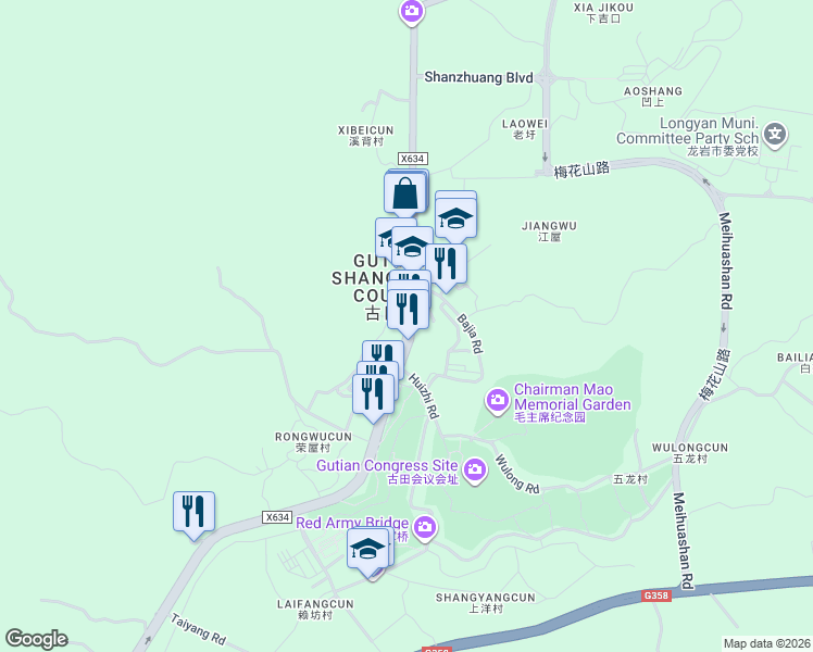 map of restaurants, bars, coffee shops, grocery stores, and more near 115-1 Gu Tian Lu in Long Yan Shi
