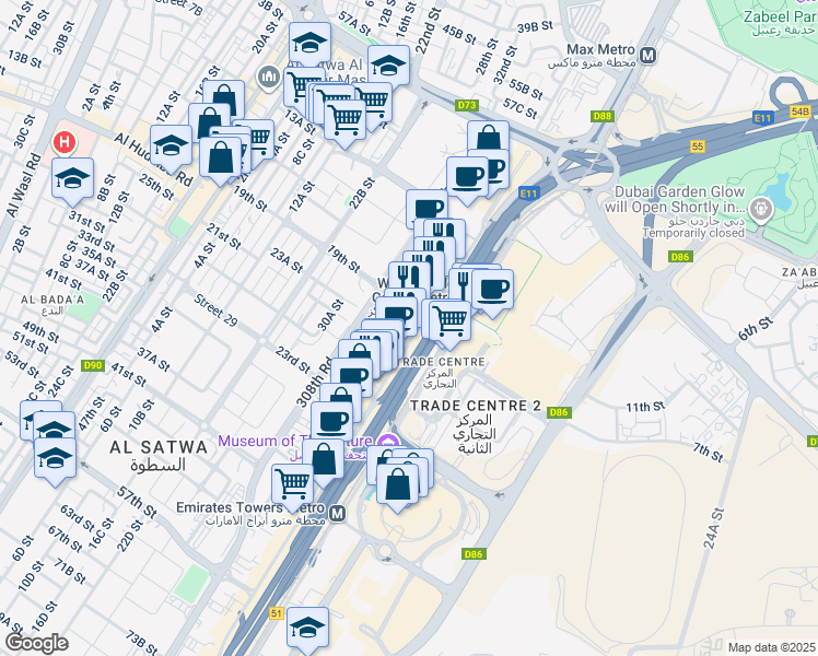 map of restaurants, bars, coffee shops, grocery stores, and more near Sheikh Zayed Road in Dubai