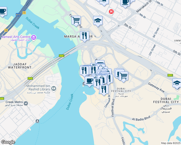 map of restaurants, bars, coffee shops, grocery stores, and more near Al Badia Boulevard in Dubai