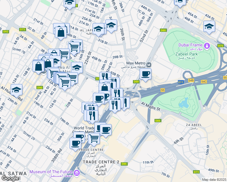 map of restaurants, bars, coffee shops, grocery stores, and more near 1 Sheikh Zayed Road in Dubai
