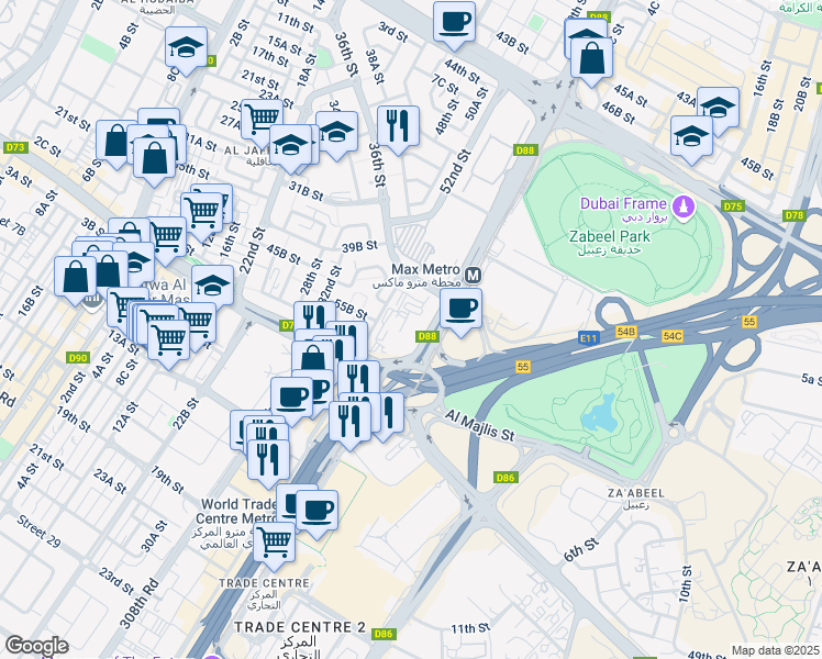map of restaurants, bars, coffee shops, grocery stores, and more near Sheikh Khalifa Bin Zayed Street in Dubai