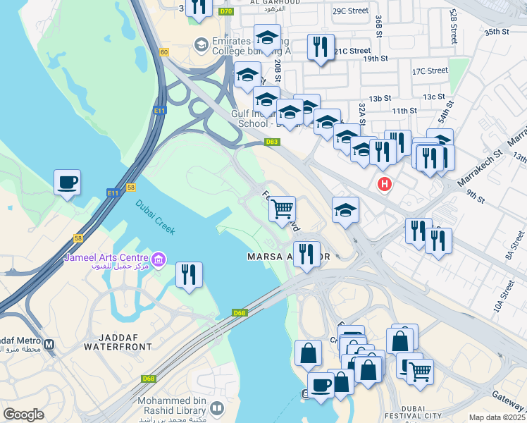 map of restaurants, bars, coffee shops, grocery stores, and more near Festival Boulevard in Dubai