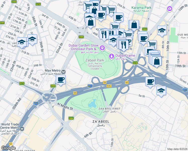 map of restaurants, bars, coffee shops, grocery stores, and more near Zabeel Park Jogging Track in Dubai