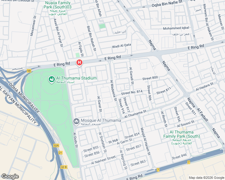 map of restaurants, bars, coffee shops, grocery stores, and more near Al Madeena Street in Doha