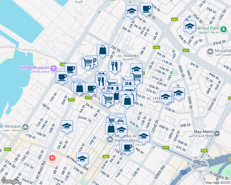 map of restaurants, bars, coffee shops, grocery stores, and more near 36 6B Street in Dubai