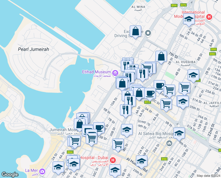 map of restaurants, bars, coffee shops, grocery stores, and more near 6 Jumeirah Beach Road in Dubai