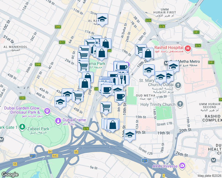 map of restaurants, bars, coffee shops, grocery stores, and more near 71 Umm Hurair Road in Dubai