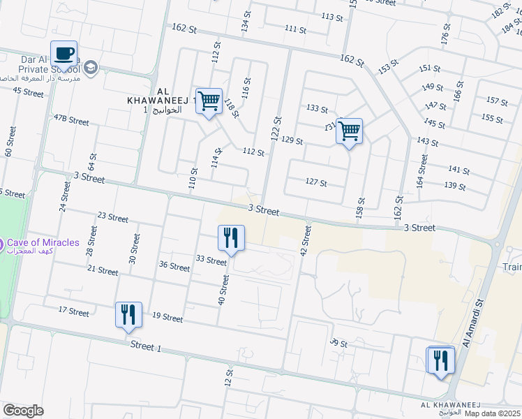 map of restaurants, bars, coffee shops, grocery stores, and more near 3 Street in Dubai