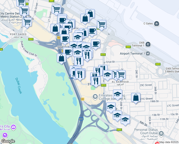 map of restaurants, bars, coffee shops, grocery stores, and more near 12 45 Street in Dubai