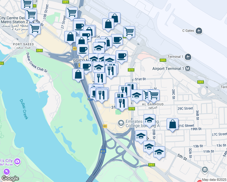 map of restaurants, bars, coffee shops, grocery stores, and more near 12 45 Street in Dubai