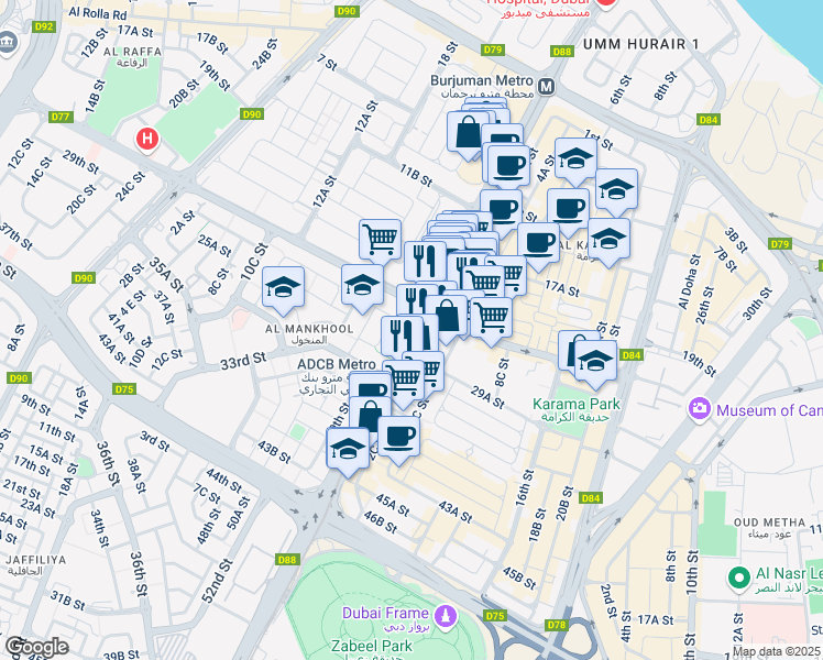 map of restaurants, bars, coffee shops, grocery stores, and more near Sheikh Khalifa Bin Zayed Street in Dubai