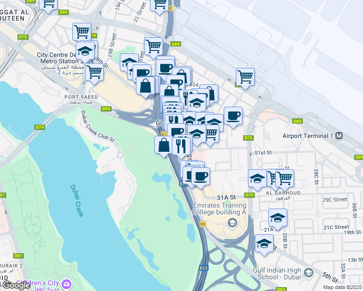 map of restaurants, bars, coffee shops, grocery stores, and more near 2nd Street in Dubai