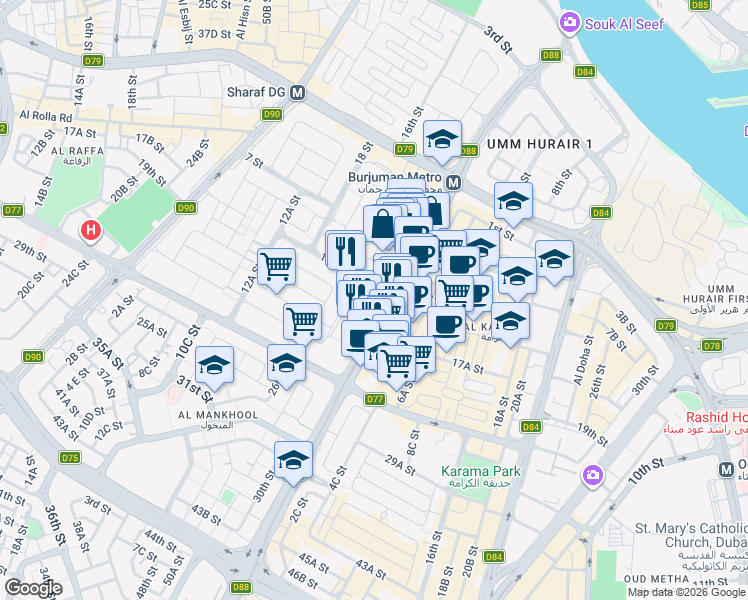 map of restaurants, bars, coffee shops, grocery stores, and more near 155 Khalid Bin Al Waleed Road in Dubai