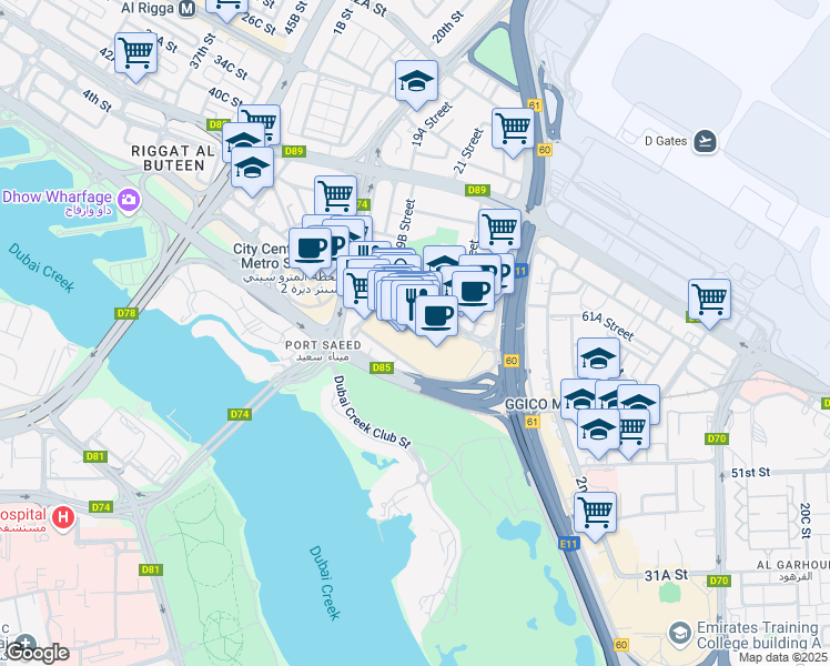 map of restaurants, bars, coffee shops, grocery stores, and more near 8th Street in Dubai