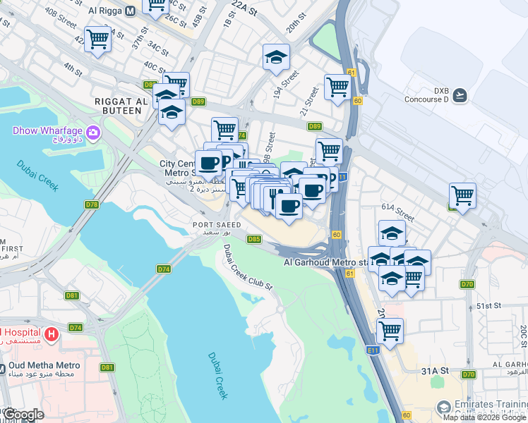 map of restaurants, bars, coffee shops, grocery stores, and more near 8th Street in Dubai