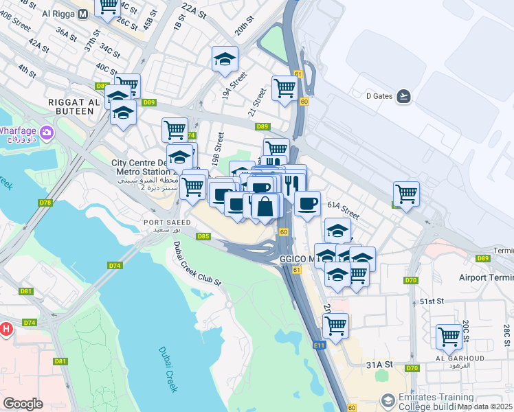 map of restaurants, bars, coffee shops, grocery stores, and more near in دبي